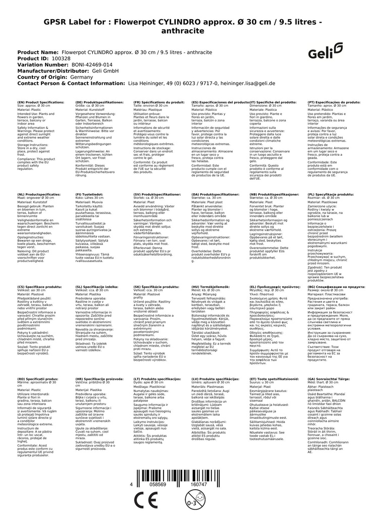 Γλάστρα CYLINDRO περ. Ø 30 εκ. / 9, 5 λίτρα - ανθρακί-0