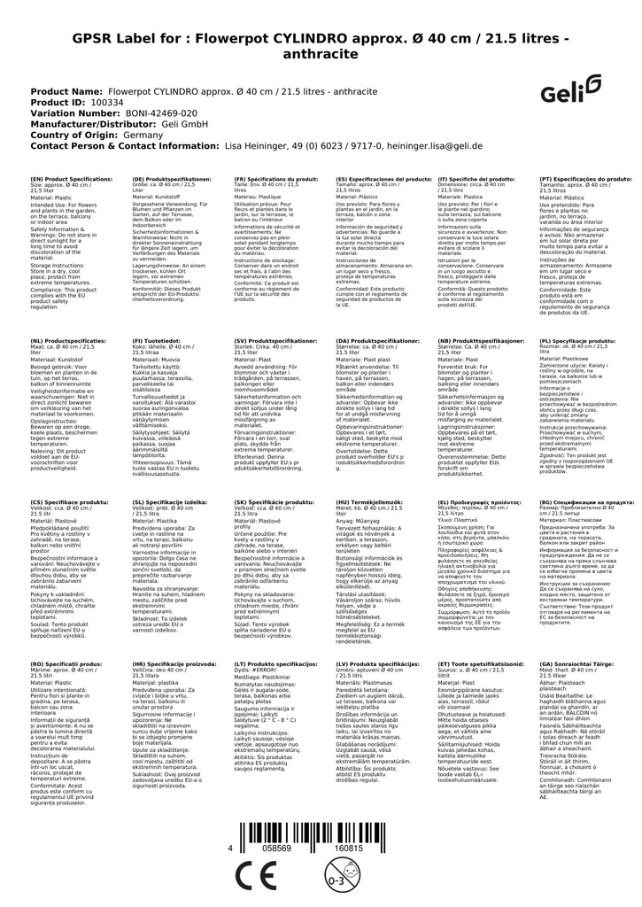 Γλάστρα CYLINDRO περ. Ø 40 εκ / 21, 5 λίτρα - ανθρακί-0