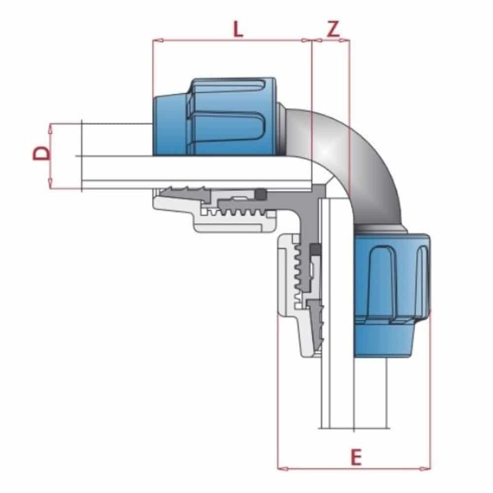 PP PE Σύνδεσμος Σωλήνα 90° Γωνία 2 Συνδέσεις 25 x 25-0