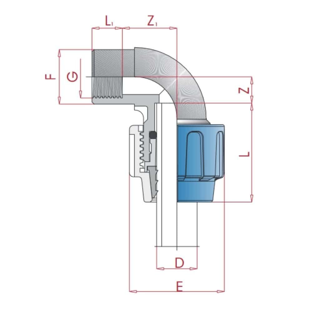 Σύνδεσμος σωλήνα PP PE 90° γωνία 20 x 1/2" IG-0