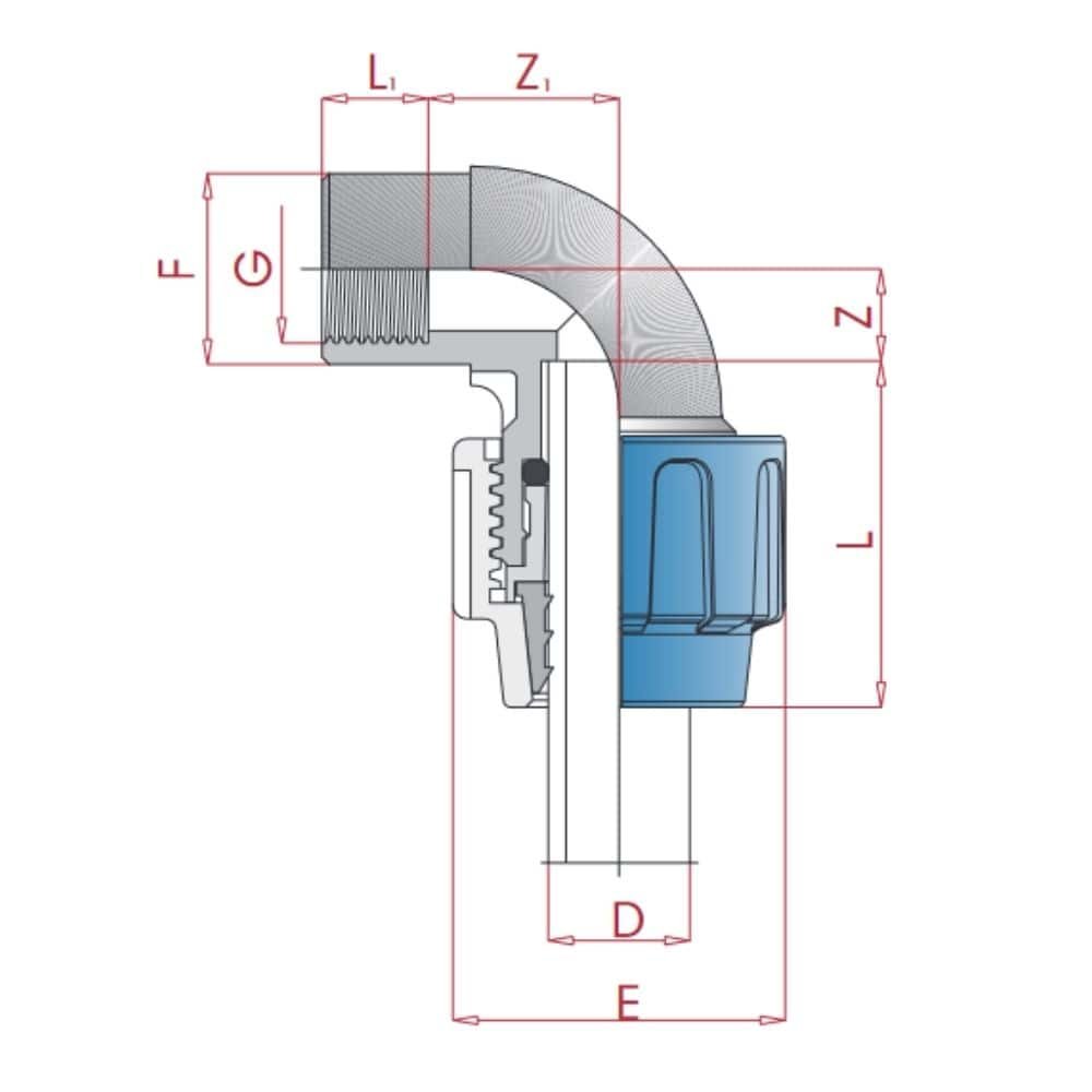 Σύνδεσμος σωλήνα PP PE 90° γωνία 40 x 1 1/4" IG-0