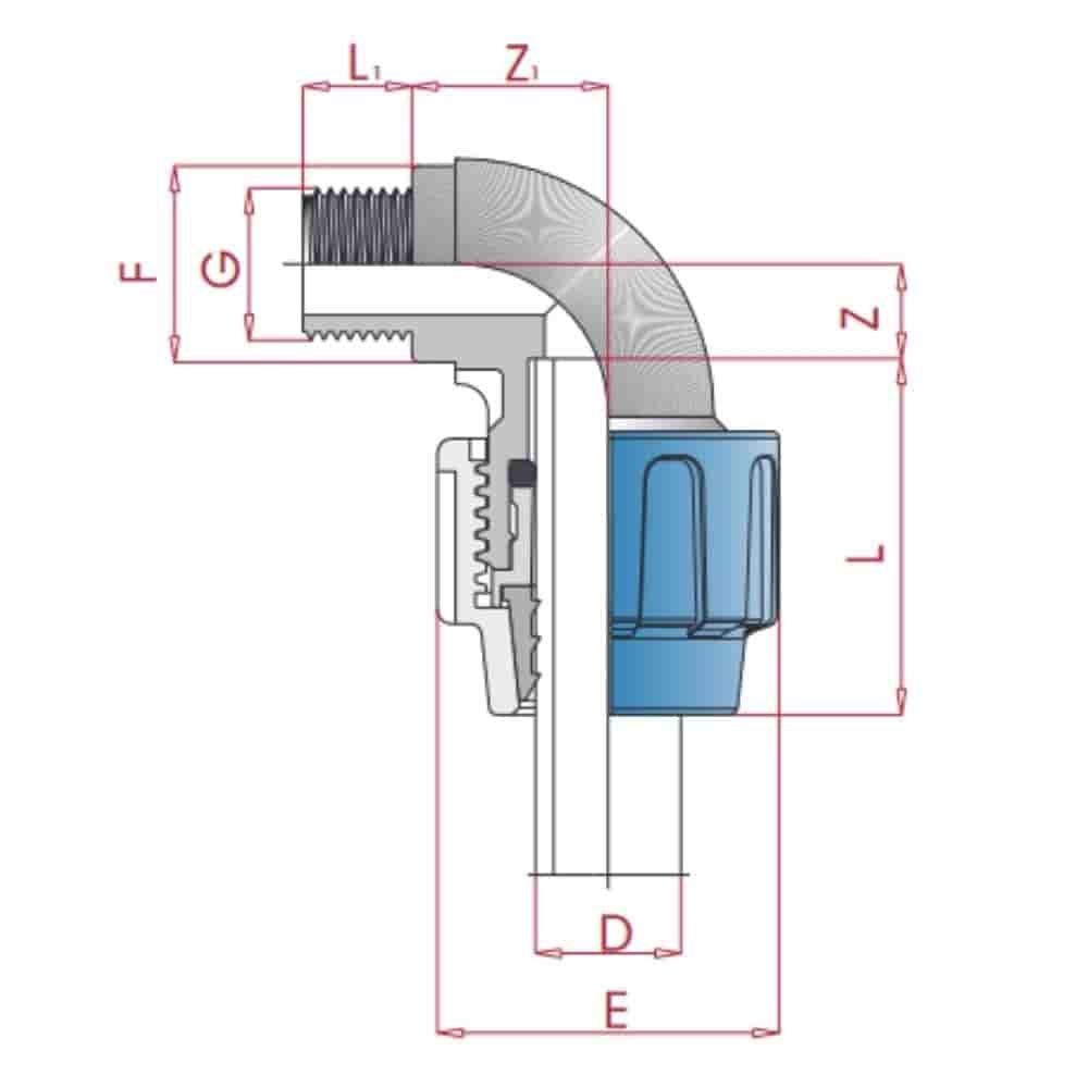 Σύνδεσμος σωλήνα PP PE 90° γωνία 20 x 1/2" AG-0