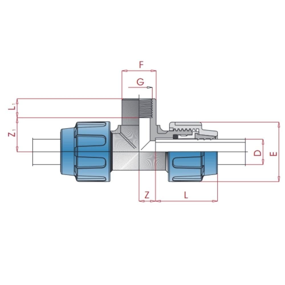 PP PE Σύνδεσμος Σωλήνα Τ-κομμάτι 20 x 1/2" IG x 20-0