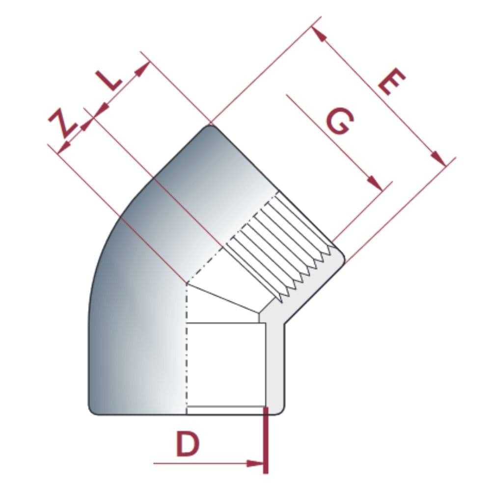 PVC-U 45°Γωνία Μούφα x IG 20 mm x 1/2"PN10-0