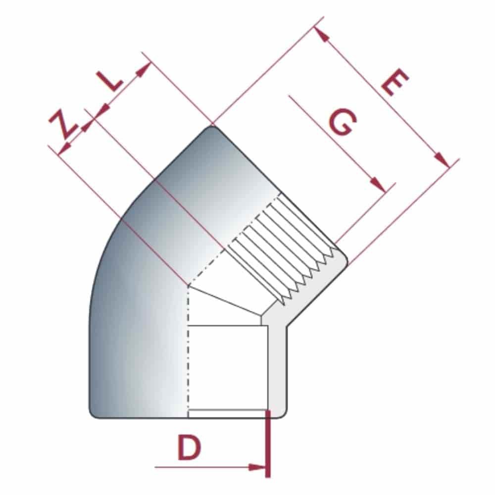 PVC - U 45° Winkel Muffe x IG 25 mm x 3/4" PN10-0