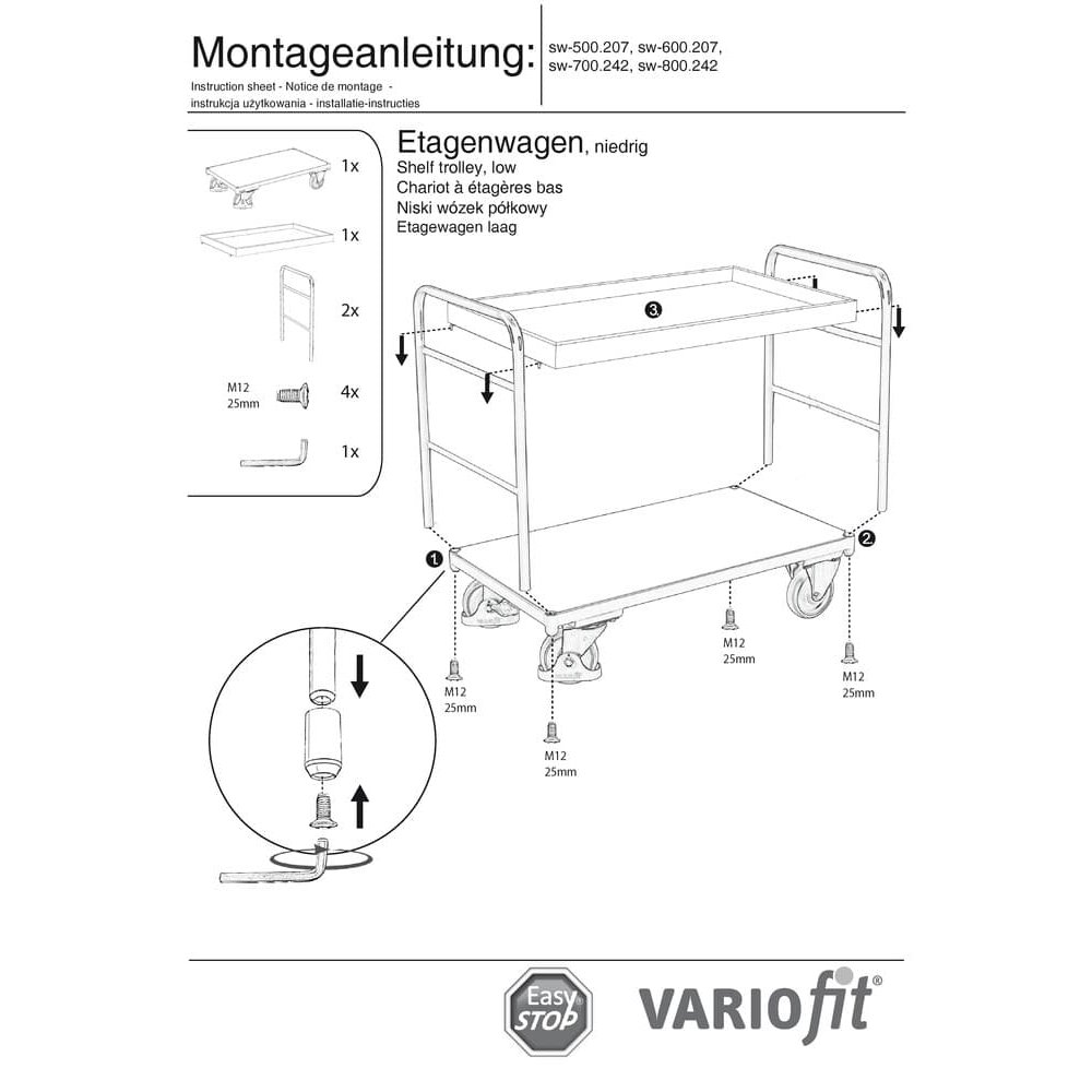 Καροτσάκι επιπέδων με 1 ράφι + 1 πάτωμα 250 kg Τύπος Μ + EasySTOP-1