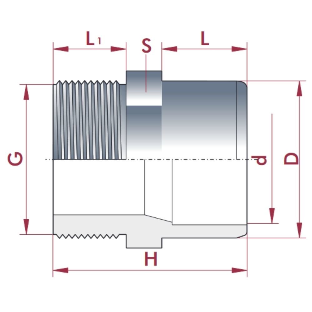 PVC-U μετάβαση μούφα x AG 25-20mm x 3/4" PN10-0