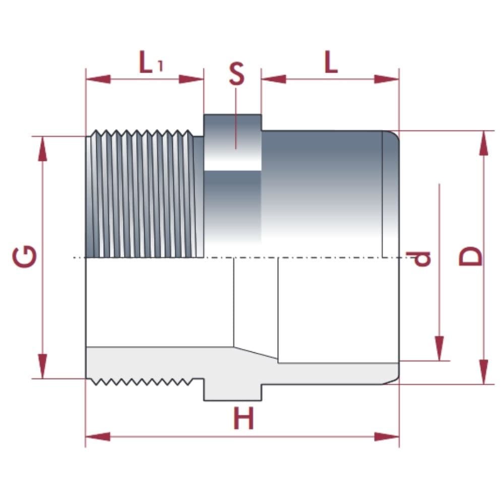 PVC-U Μετάβαση Μούφα x AG 50-40mm x 1 1/4" PN10-0