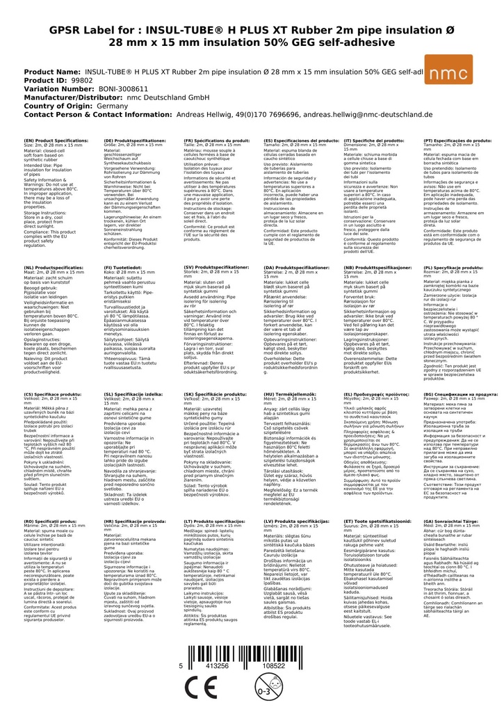 INSUL-TUBE® H PLUS XT Καουτσούκ 2μ Μόνωση Σωλήνα Ø 28 mm x 15 mm Μόνωση 50% GEG αυτοκόλλητη-0