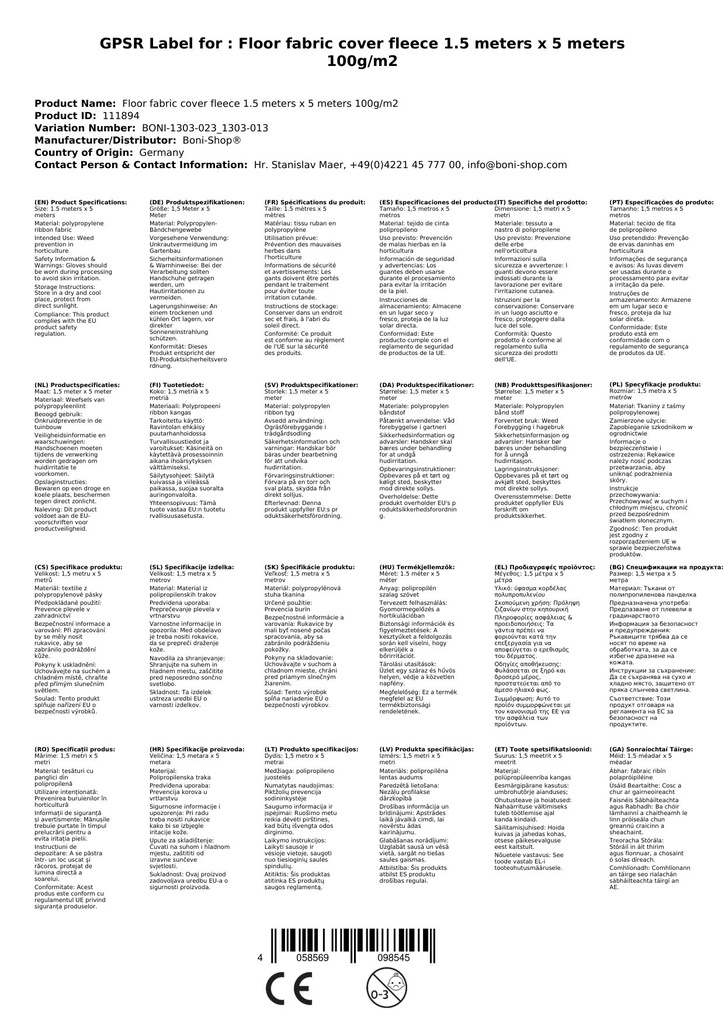 Ύφασμα εδάφους Κάλυμμα 1,5 Μέτρα x 5 Μέτρα 100g/m²-2