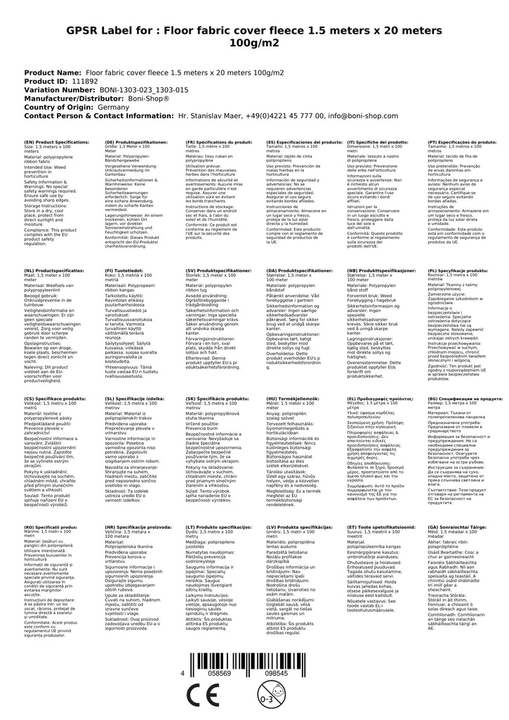 Ύφασμα εδάφους Κάλυμμα 1,5 Μέτρα x 20 Μέτρα 100g/m²-2