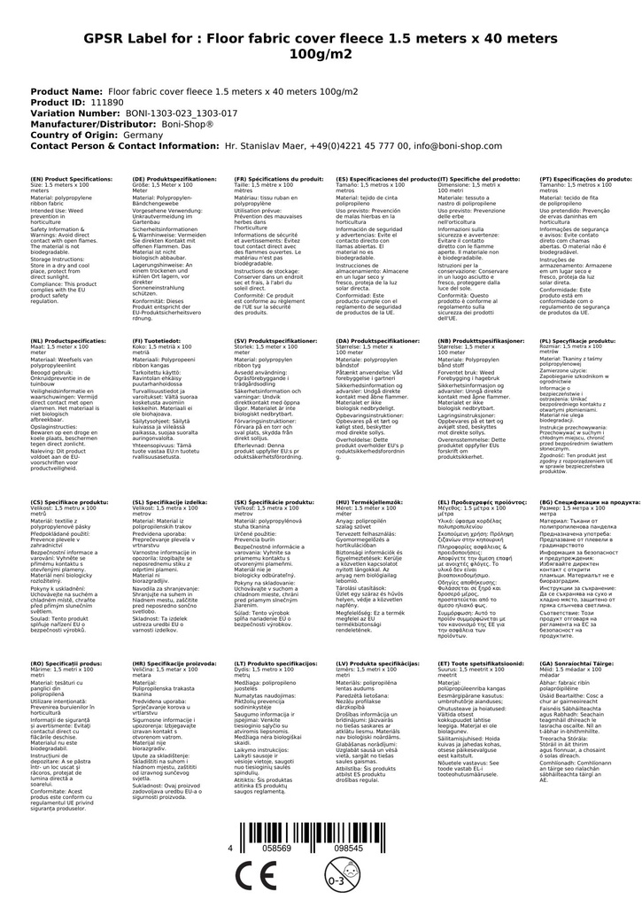 Ύφασμα εδάφους Κάλυμμα 1,5 Μέτρα x 40 Μέτρα 100g/m²-2