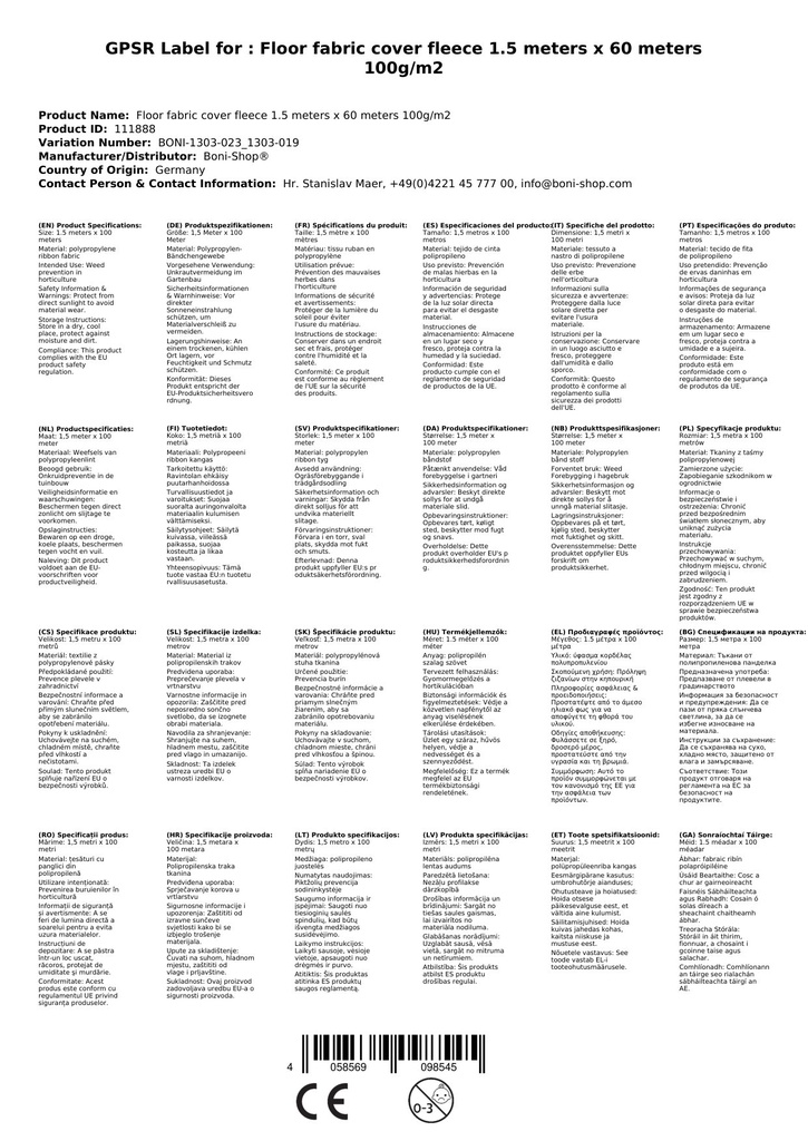 Ύφασμα εδάφους Κάλυμμα 1,5 Μέτρα x 60 Μέτρα 100g/m²-2