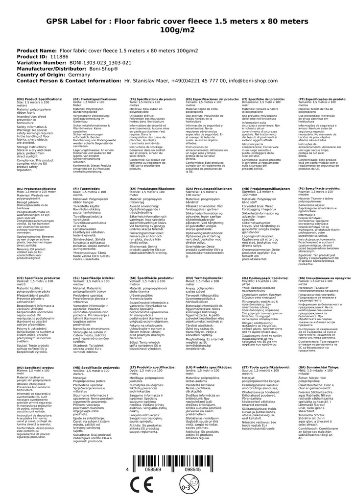 Ύφασμα εδάφους Κάλυμμα 1,5 Μέτρα x 80 Μέτρα 100g/m²-2