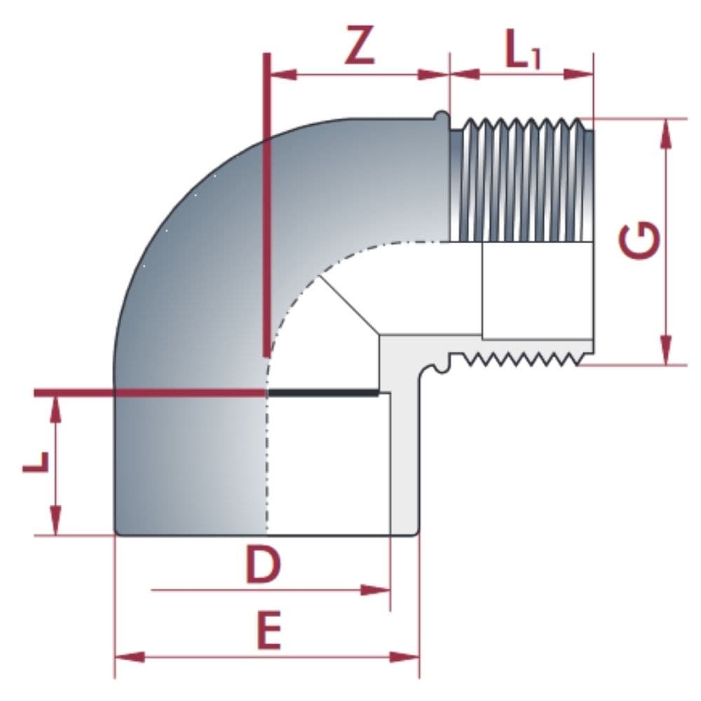 PVC-U 90°Γωνία Μούφα x AG 50 mm x 1 1/2" PN10-0