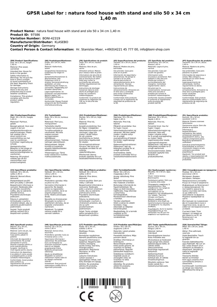 natura Σπιτάκι για ταΐστρα με βάση και σιλό 50 x 34 εκ. 1,40 μ-1