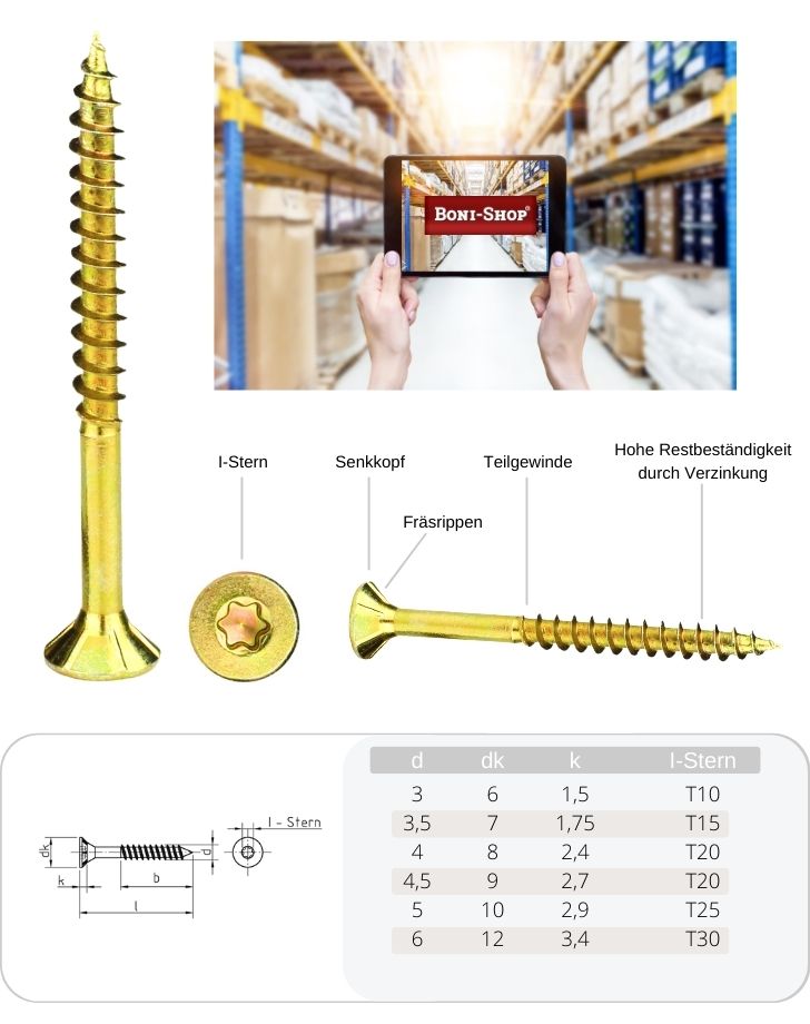 Βίδες μοριοσανίδας 3,0 x 45 mm 1000 τεμάχια με I-αστέρι, κεφαλή βύθισης, μερικό σπείρωμα και αυλακώσεις κάτω από την κεφαλή-4